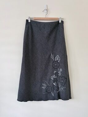 Y2K 90s AGB Byer California Charcoal Gray Floral Embroidered A-Line Skirt